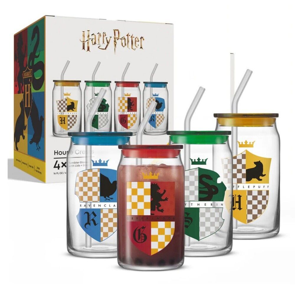 🆕 Harry Potter Hogwarts House Crests Glass Tumbler Cups 4 Pack With Lids Straws